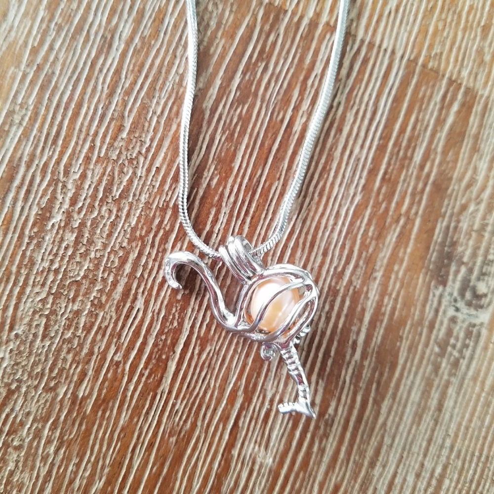 Whimsical Flamingo Pearl Cage Necklace